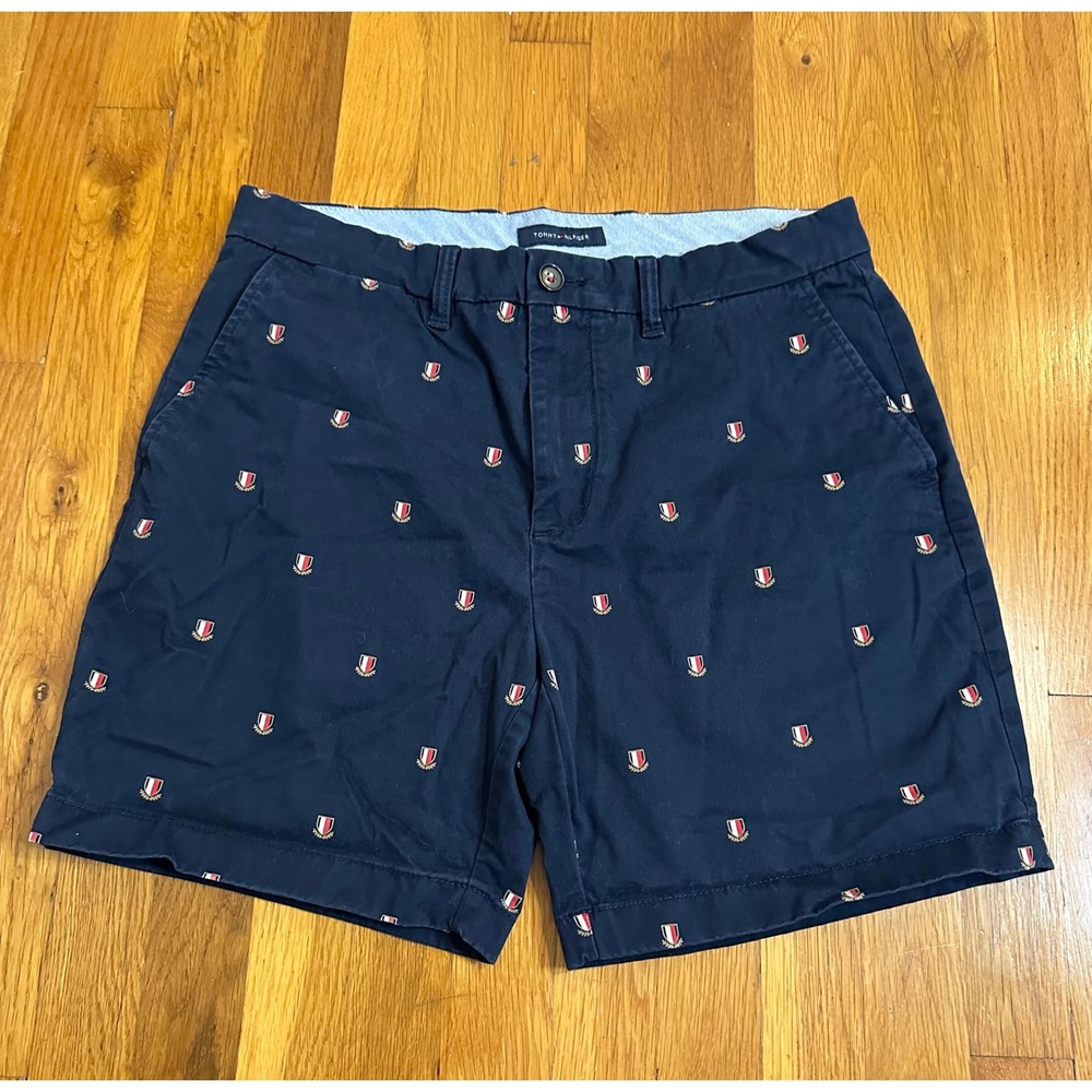 Tommy Hilfiger Mens Navy Blue Embroidered Crest Chino Shorts Size 32 Preppy